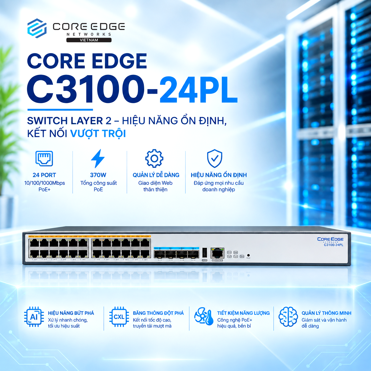 CORE EDGE C3100-24PL: SIÊU PHẨM SWITCH LAYER 2 – CẤP NGUỒN MẠNH MẼ, KẾT NỐI VƯỢT TRỘI!